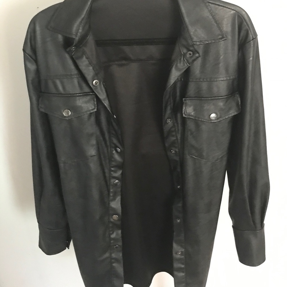 Black faux leather shirt dress